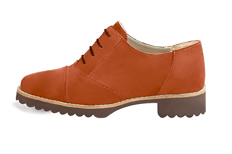 Terracotta orange women's casual lace-up shoes. Round toe. Flat rubber soles. Profile view - Florence KOOIJMAN